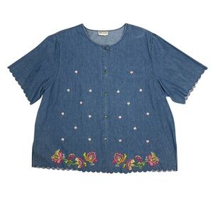 Toffee Apple Floral Embroidered Blue Button Down Shirt with Scalloped Sleeves
